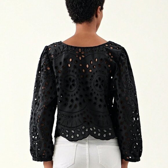 Black Preppy Womens Solid Tie Front Blouse - Picture 4 of 5